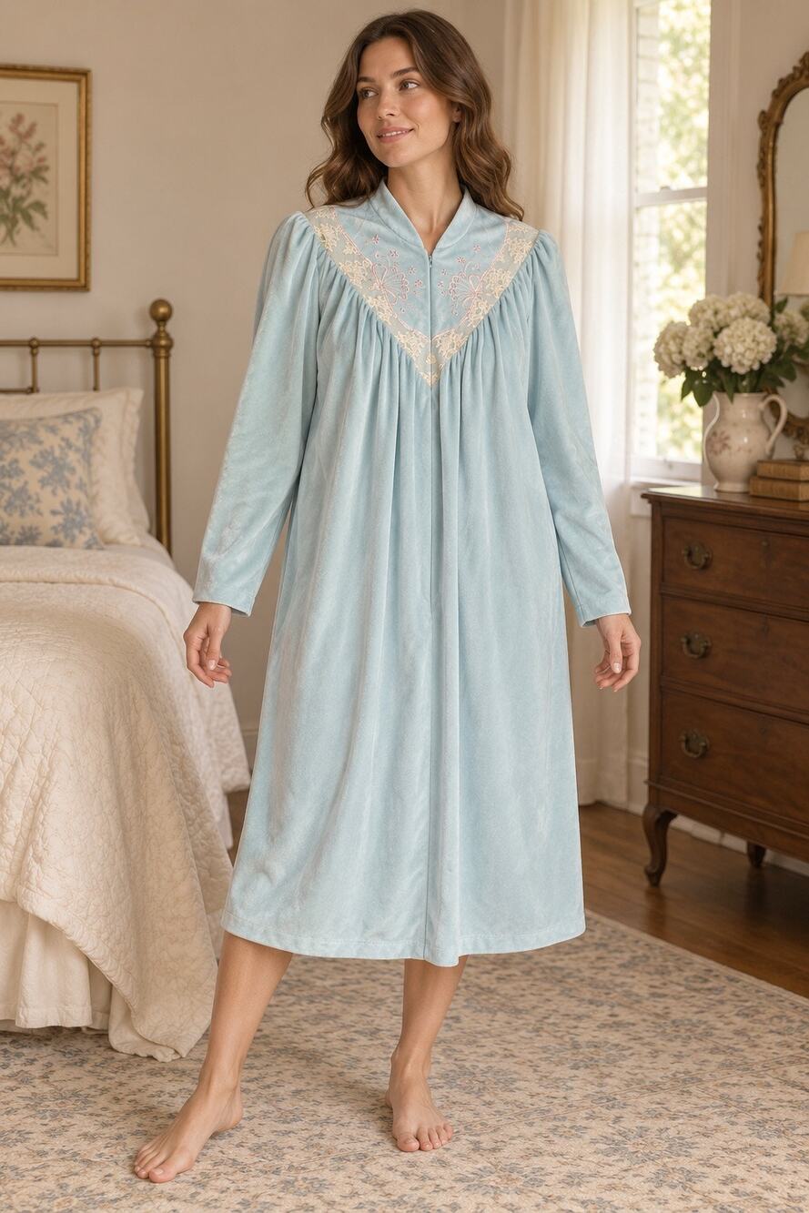 Vintage Vanity Fair Blue Velour Butterfly Lace Zip-Front Robe Large